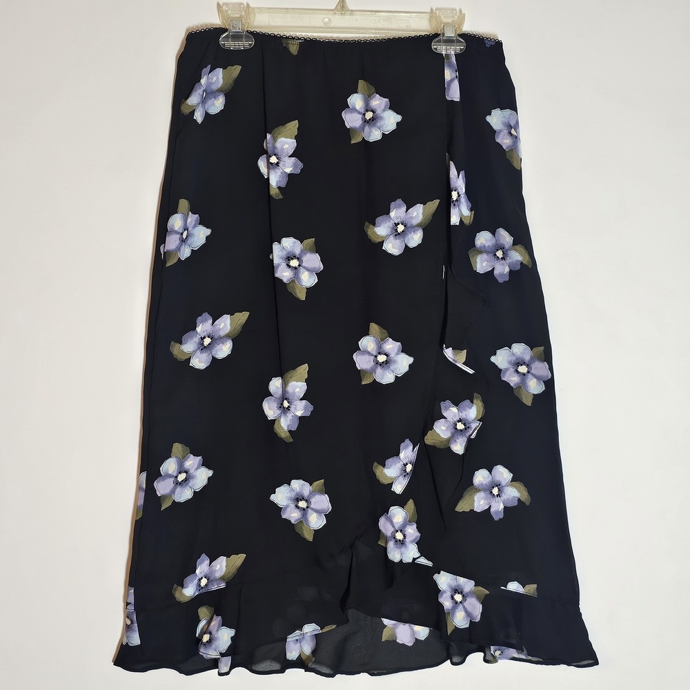 Kathy Ireland Skirt‎ Womens Small Black Purple Floral Ruffle Midi Chiffon Wrap